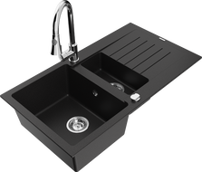 Mexen Matias granitový dřez 1,5 komorový s odkapávačem a kuchyňskou baterií Elia, černý - 6502-77-670101-00