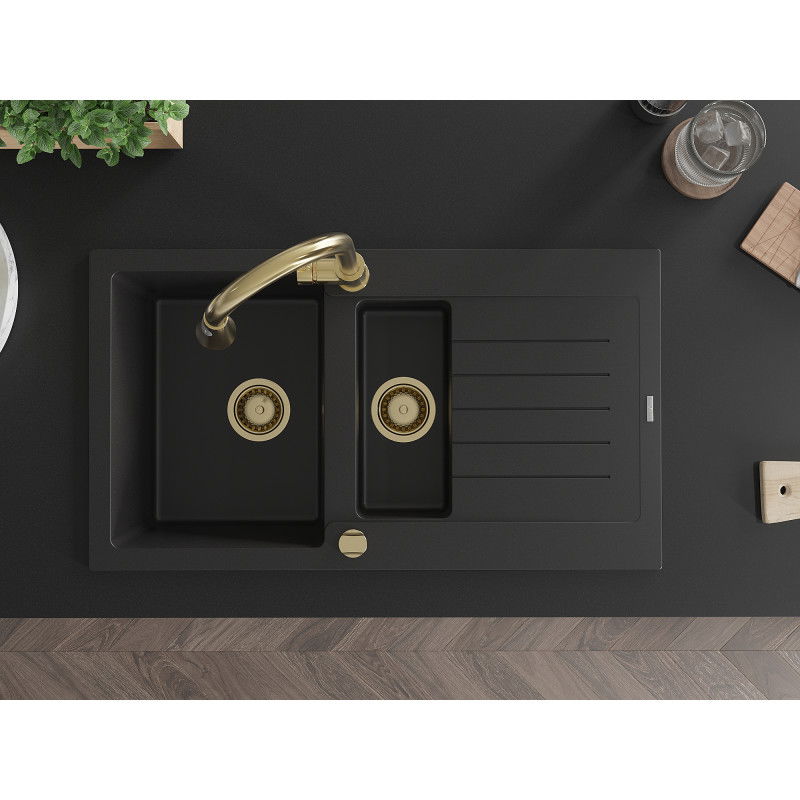Mexen Matias granitový dřez 1,5-komorový s odkapávačem a kuchyňskou baterií Elia, černý - 6502-77-670101-50