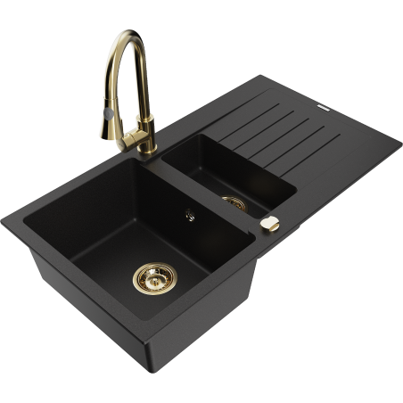 Mexen Matias granitový dřez 1,5-komorový s odkapávačem a kuchyňskou baterií Elia, černý - 6502-77-670101-50