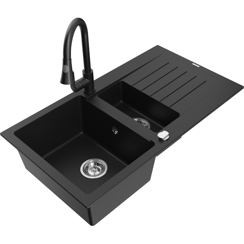 Mexen Matias granitový dřez 1,5komorový s odkapávačem a kuchyňskou baterií Elia, černý - 6502-77-670101-70