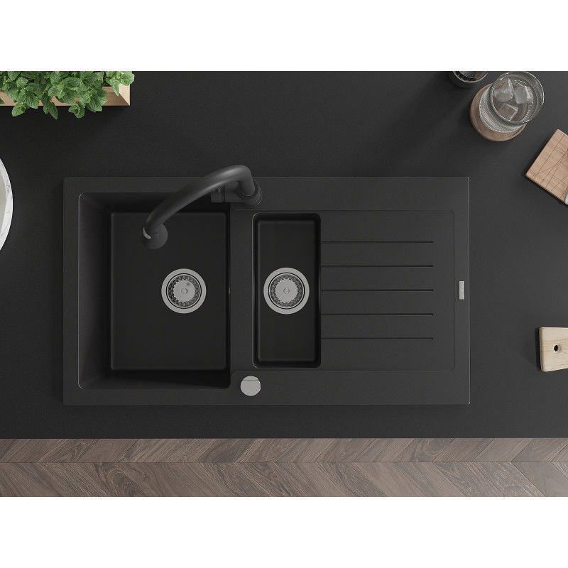 Mexen Matias granitový dřez 1,5komorový s odkapávačem a kuchyňskou baterií Elia, černý - 6502-77-670101-70