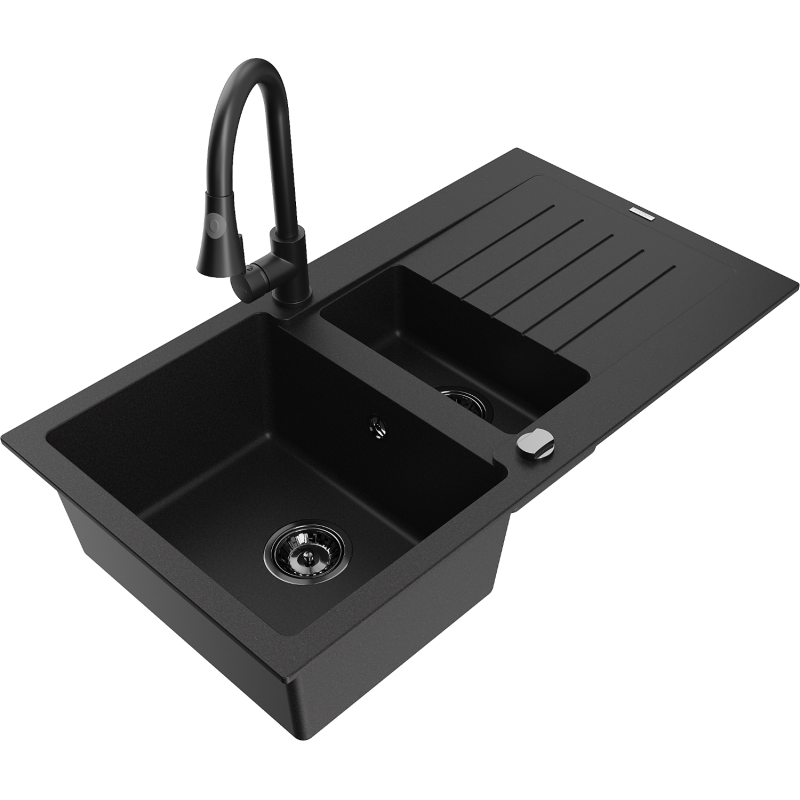 Mexen Matias granitový dřez 1,5-komorový s odkapávačem a kuchyňskou baterií Elia, černý - 6502-77-670101-70-B