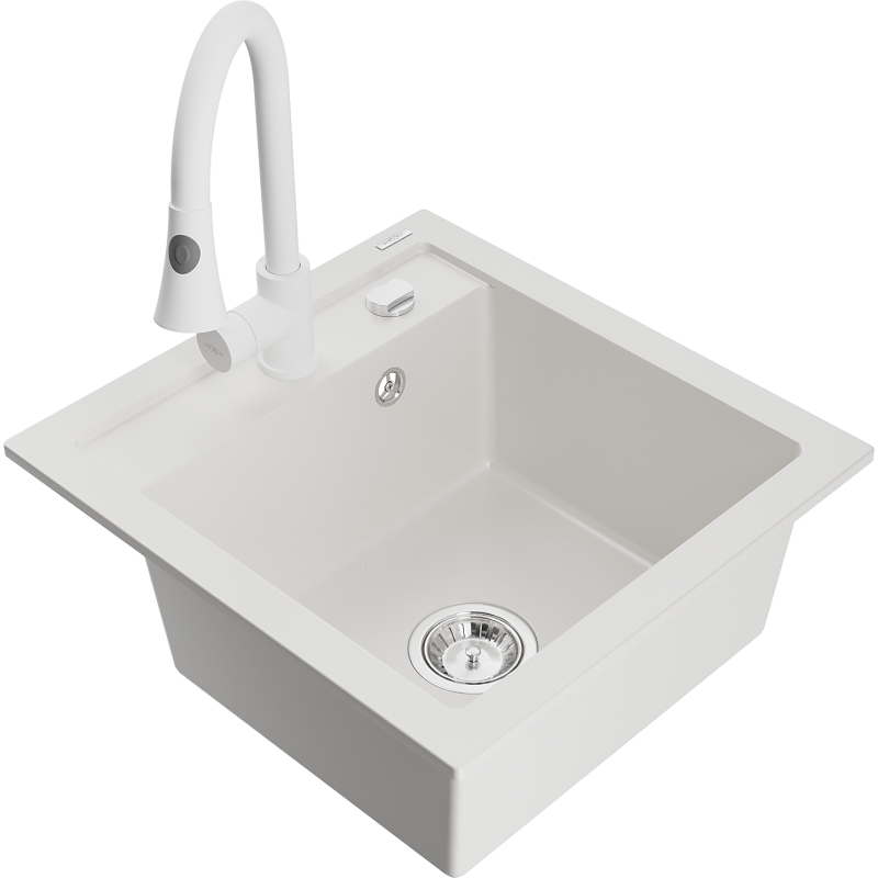 Mexen Vito granitový dřez 1-komorový s kuchyňskou baterií Elia, bílý - 6503-20-670101-20
