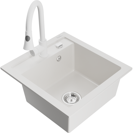 Mexen Vito granitový dřez 1-komorový s kuchyňskou baterií Elia, bílý - 6503-20-670101-20