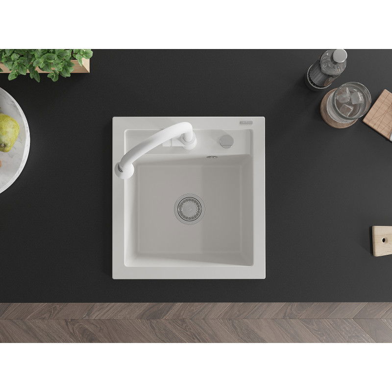 Mexen Vito granitový dřez 1-komorový s kuchyňskou baterií Elia, bílý - 6503-20-670101-20