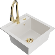 Mexen Vito granitový dřez 1-komorový s kuchyňskou baterií Elia, bílý - 6503-20-670101-50