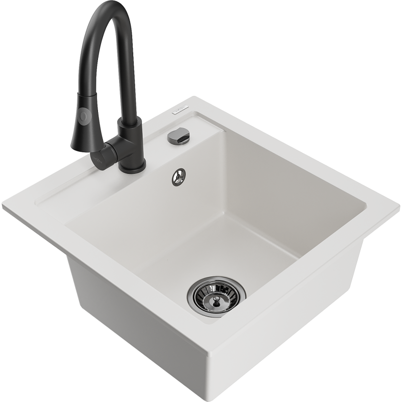 Mexen Vito granitový dřez 1-komorový s kuchyňskou baterií Elia, bílý - 6503-20-670101-70