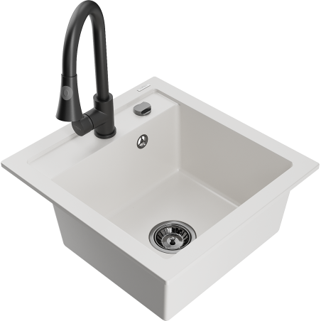 Mexen Vito granitový dřez 1-komorový s kuchyňskou baterií Elia, bílý - 6503-20-670101-70