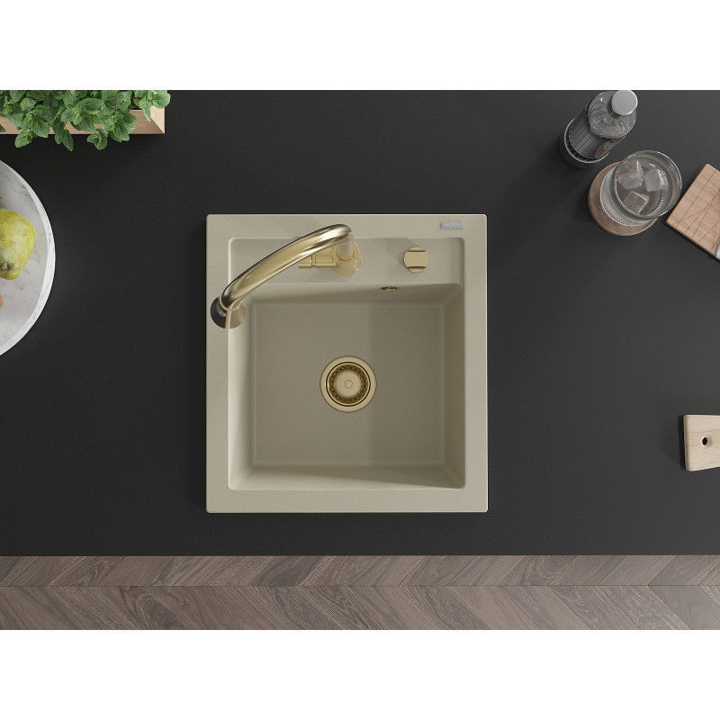 Mexen Vito granitový dřez 1-komorový s kuchyňskou baterií Elia, béžový - 6503-69-670101-50