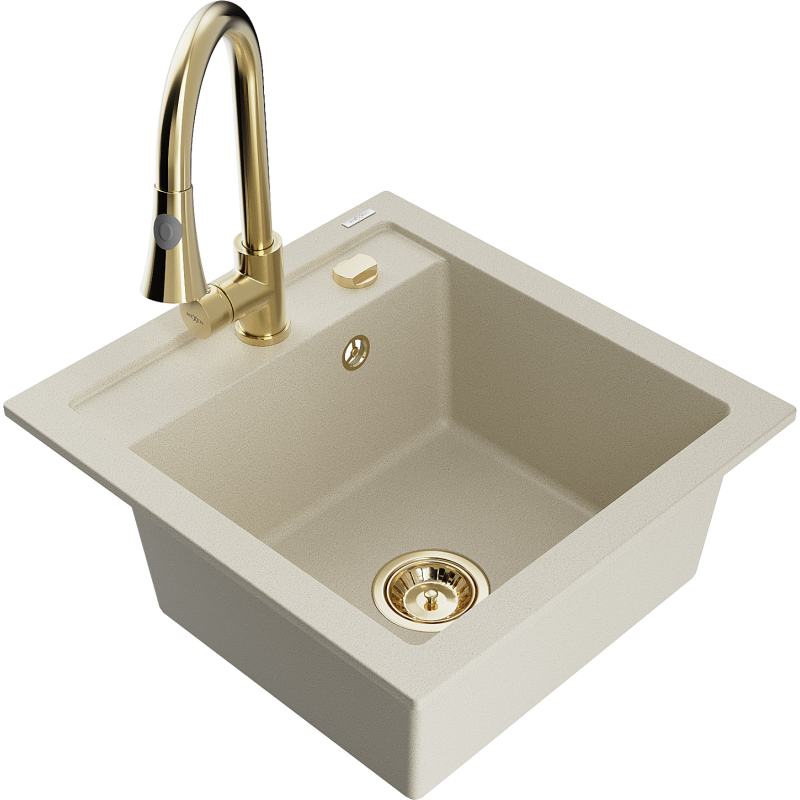 Mexen Vito granitový dřez 1-komorový s kuchyňskou baterií Elia, béžový - 6503-69-670101-50