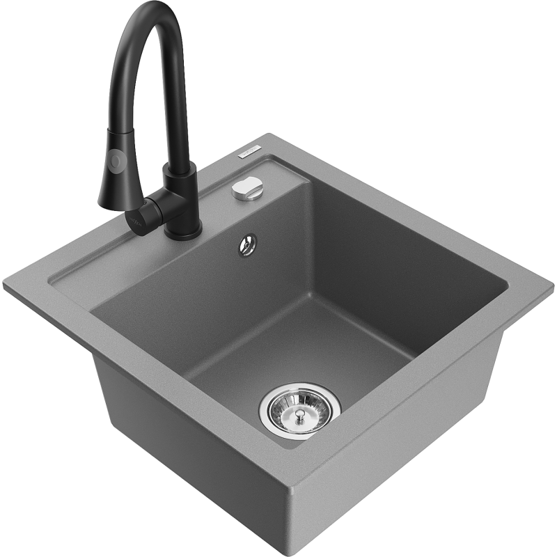 Mexen Vito granitový dřez 1-komorový s kuchyňskou baterií Elia, šedý - 6503-71-670101-70