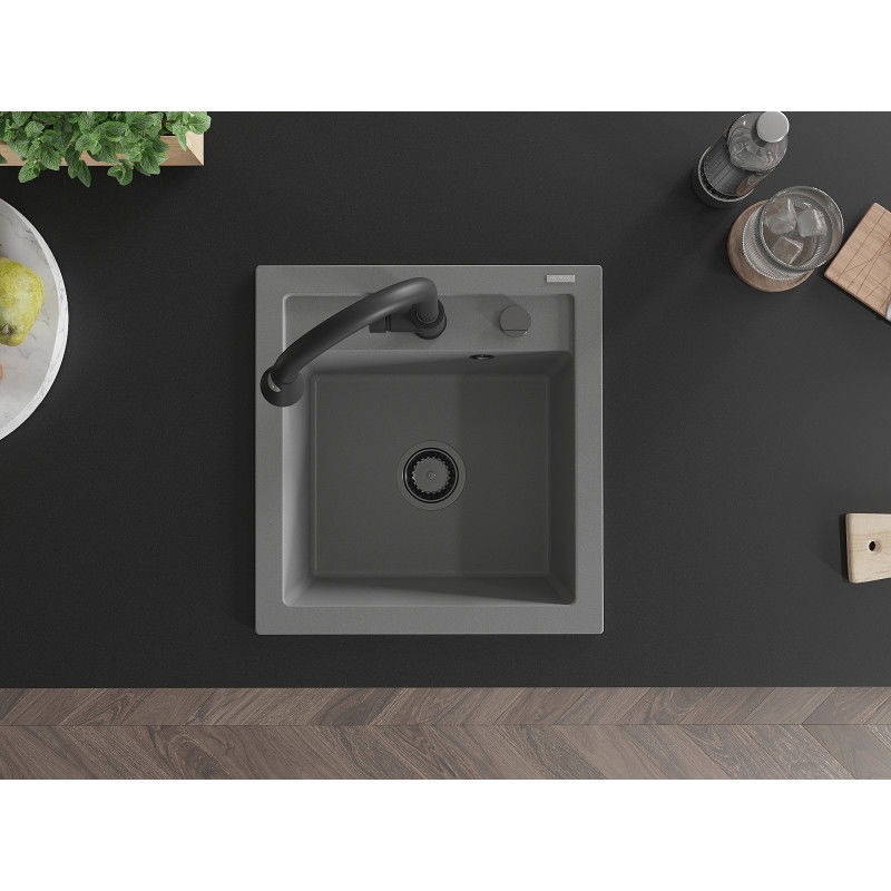 Mexen Vito granitový dřez 1-komorový s kuchyňskou baterií Elia, šedý - 6503-71-670101-70-B