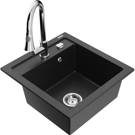 Mexen Vito granitový dřez 1-komorový s kuchyňskou baterií Elia, černý/stříbrný metalik - 6503-73-670101-00