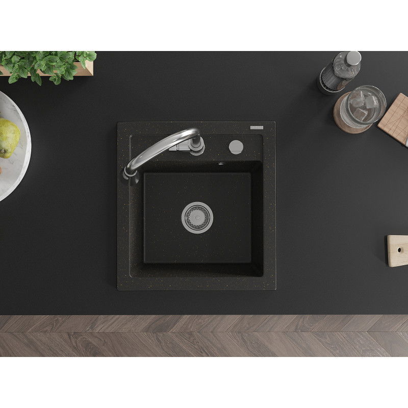Mexen Vito granitový dřez 1-komorový s kuchyňskou baterií Elia, černá/zlatý metalik - 6503-75-670101-00