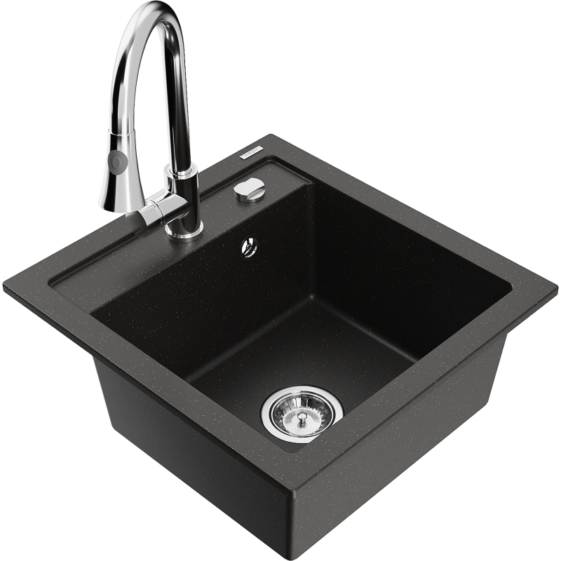 Mexen Vito granitový dřez 1-komorový s kuchyňskou baterií Elia, černá/zlatý metalik - 6503-75-670101-00