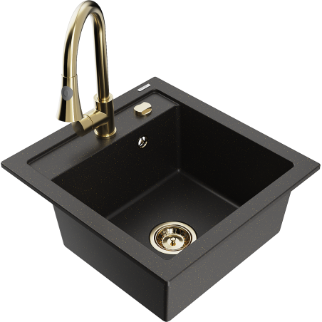Mexen Vito granitový dřez 1-komorový s kuchyňskou baterií Elia, černý/zlatý metalik - 6503-75-670101-50