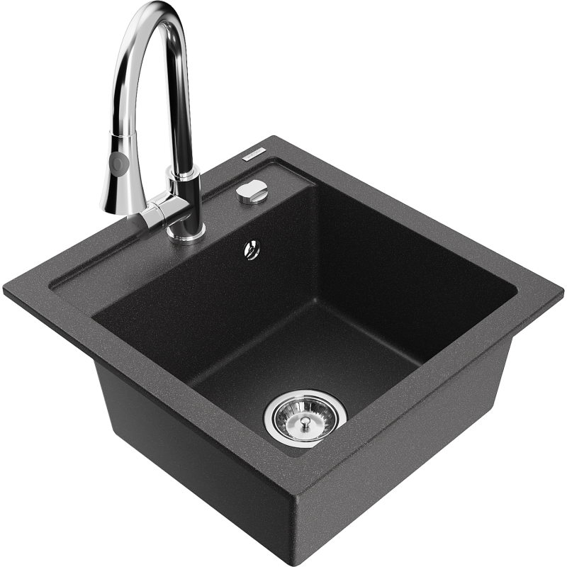 Mexen Vito granitový dřez 1-komorový s kuchyňskou baterií Elia, černý bodkovaný - 6503-76-670101-00