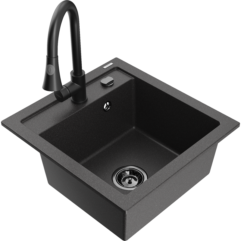 Mexen Vito granitový dřez s 1 komorou a kuchyňskou baterií Elia, černý skvrnitý - 6503-76-670101-70-B