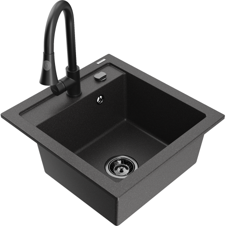 Mexen Vito granitový dřez s 1 komorou a kuchyňskou baterií Elia, černý skvrnitý - 6503-76-670101-70-B