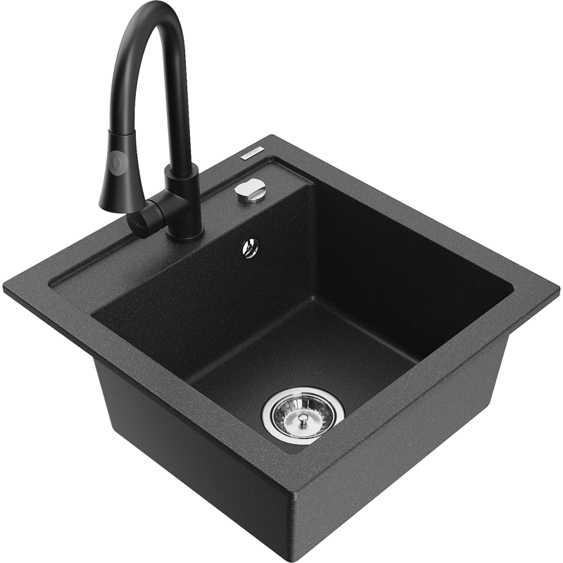 Mexen Vito granitový dřez 1-komorový s kuchyňskou baterií Elia, černý skvrnitý - 6503-76-670101-70