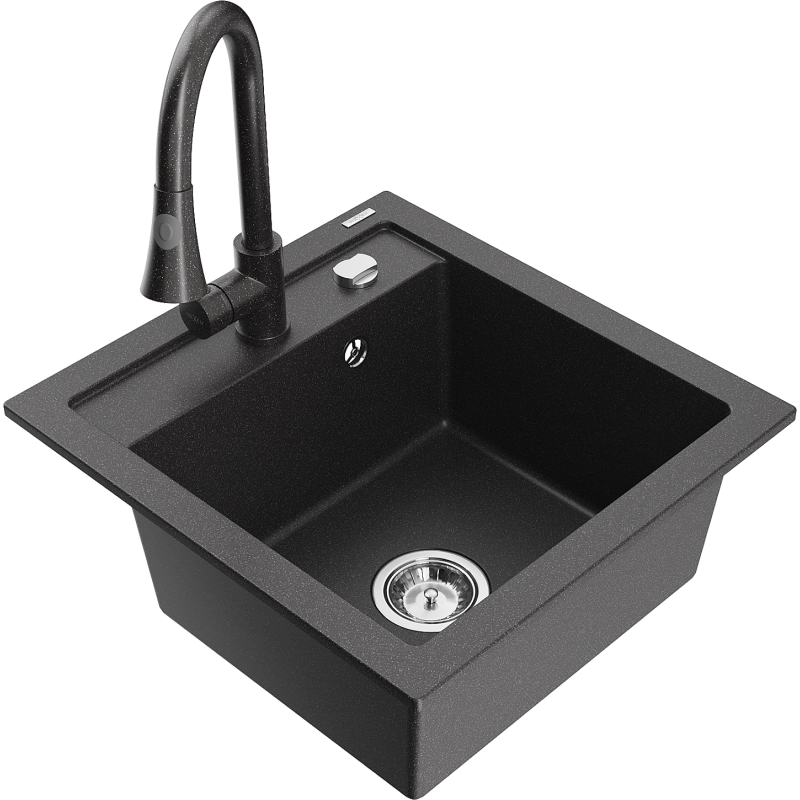 Mexen Vito granitový dřez 1-komorový s kuchyňskou baterií Elia, černý kropenatý - 6503-76-670101-76