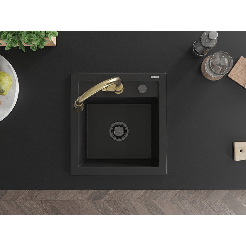 Mexen Vito granitový dřez 1-komorový s kuchyňskou baterií Elia, černý - 6503-77-670101-50-B