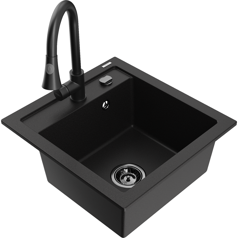 Mexen Vito granitový dřez 1-komorový s kuchyňskou baterií Elia, černý - 6503-77-670101-70-B