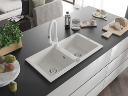 Mexen Mario granitový dřez 2-komorový s kuchyňskou baterií Elia, bílý - 6504-20-670101-20
