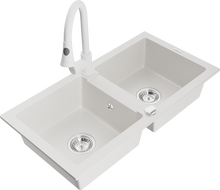 Mexen Mario granitový dřez 2-komorový s kuchyňskou baterií Elia, bílý - 6504-20-670101-20