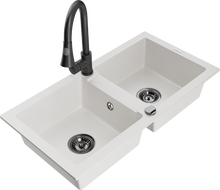 Mexen Mario granitový dřez 2-komorový s kuchyňskou baterií Elia, bílý - 6504-20-670101-70