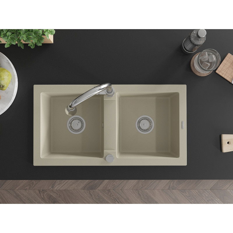 Mexen Mario granitový dřez dvoukomorový s kuchyňskou baterií Elia, béžový - 6504-69-670101-00