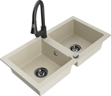 Mexen Mario dvoukomorový granitový dřez s kuchyňskou baterií Elia, béžový - 6504-69-670101-70