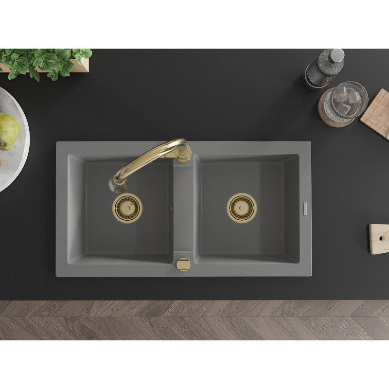 Mexen Mario granitový dřez dvoukomorový s kuchyňskou baterií Elia, šedý - 6504-71-670101-50