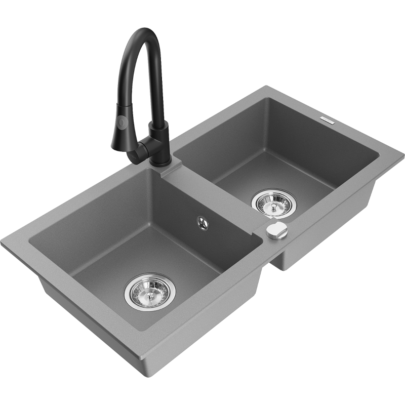 Mexen Mario dvoukomorový žulový dřez s kuchyňskou baterií Elia, šedý - 6504-71-670101-70