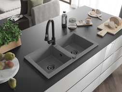 Mexen Mario granitový dřez dvoukomorový s kuchyňskou baterií Elia, šedý - 6504-71-670101-70-B