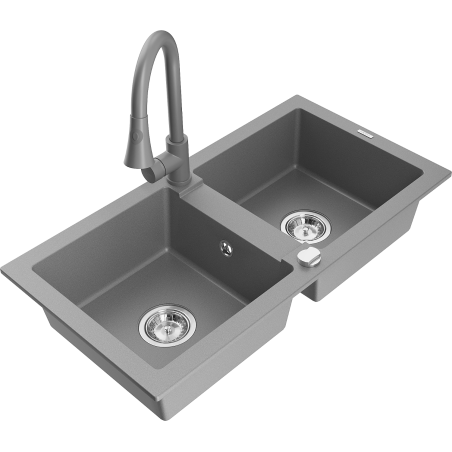 Mexen Mario granitový dřez 2-komorový s kuchyňskou baterií Elia, šedý - 6504-71-670101-71