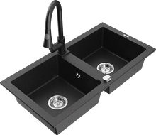 Mexen Mario žulový dřez dvoukomorový s kuchyňskou baterií Elia, černý/stříbrný metalický - 6504-73-670101-70