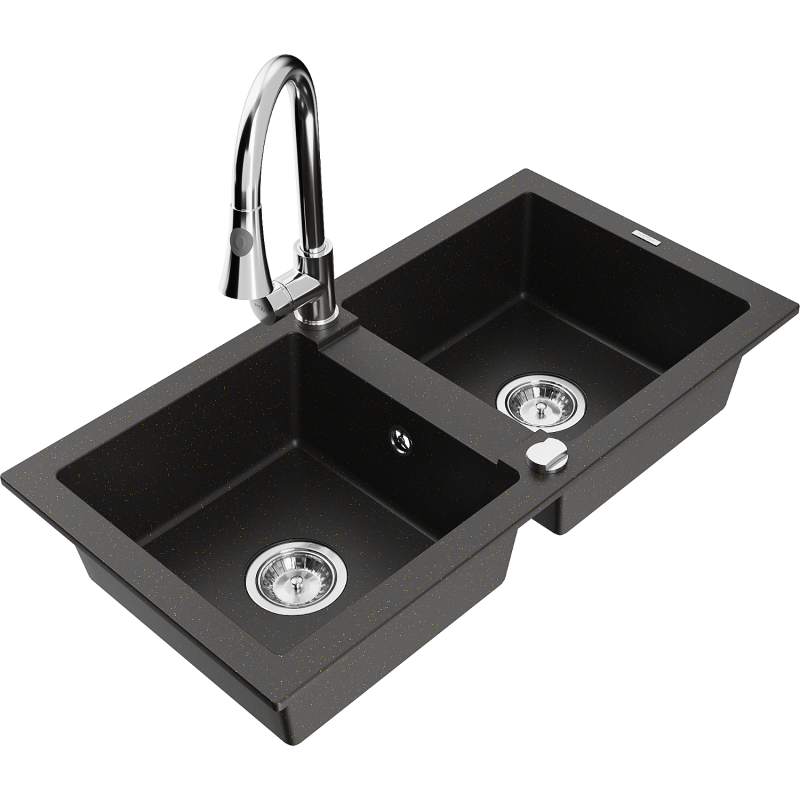 Mexen Mario dvoukomorový granitový dřez s kuchyňskou baterií Elia, černý/zlatý metalický - 6504-75-670101-00