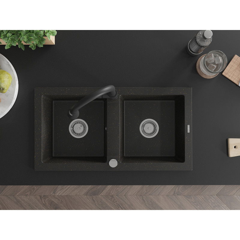Mexen Mario dřez granitový 2-komorový s kuchyňskou baterií Elia, černý/zlatý metalik - 6504-75-670101-70