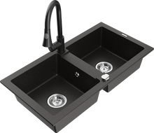 Mexen Mario dřez granitový 2-komorový s kuchyňskou baterií Elia, černý/zlatý metalik - 6504-75-670101-70