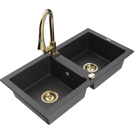 Mexen Mario dřez granitový 2-komorový s kuchyňskou baterií Elia, černý kropenatý - 6504-76-670101-50