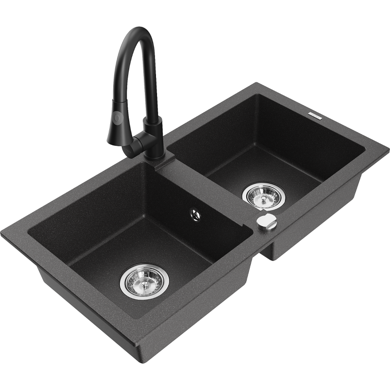 Mexen Mario žulový dřez 2-komorový s kuchyňskou baterií Elia, černý skvrnitý - 6504-76-670101-70