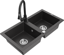 Mexen Mario žulový dřez 2-komorový s kuchyňskou baterií Elia, černý skvrnitý - 6504-76-670101-70