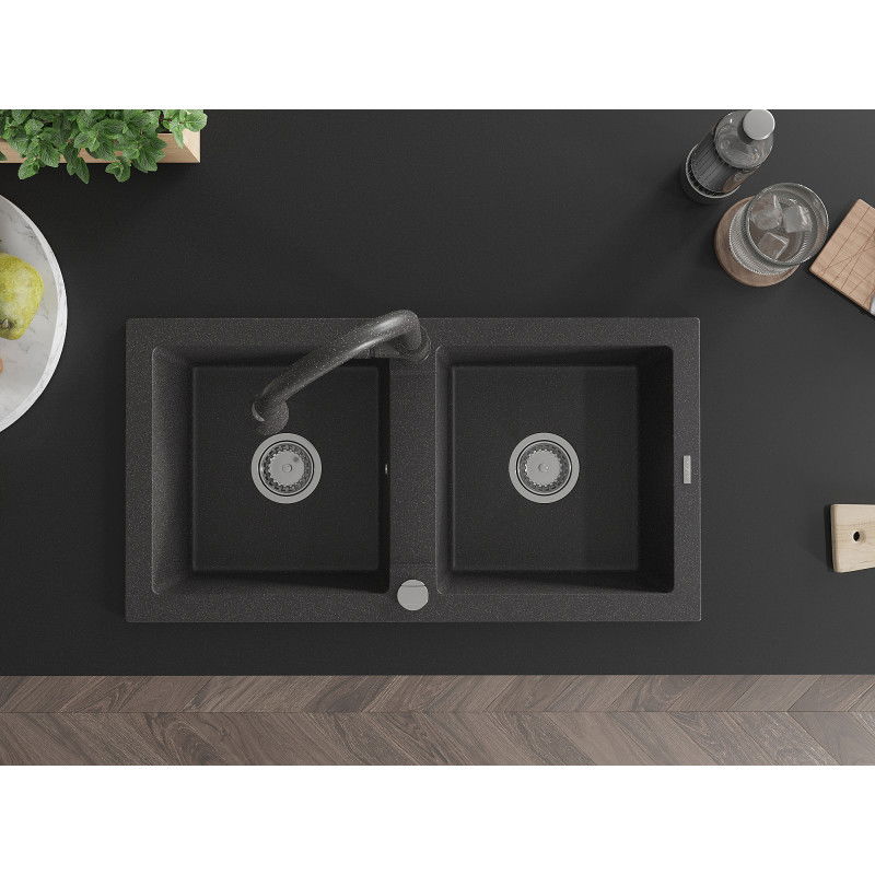 Mexen Mario dřez žulový dvoukomorový s kuchyňskou baterií Elia, černý skvrnitý - 6504-76-670101-76