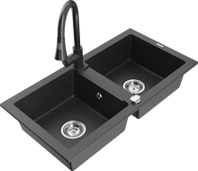 Mexen Mario dřez žulový dvoukomorový s kuchyňskou baterií Elia, černý skvrnitý - 6504-76-670101-76