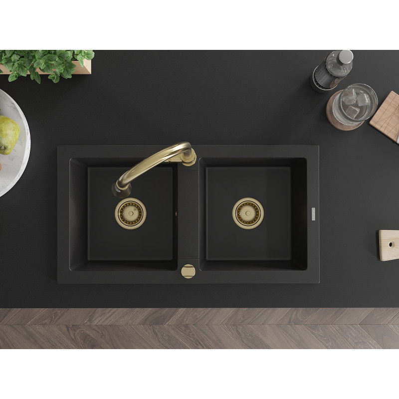 Mexen Mario žulový kuchyňský dřez 2-komorový s kuchyňskou baterií Elia, černý - 6504-77-670101-50
