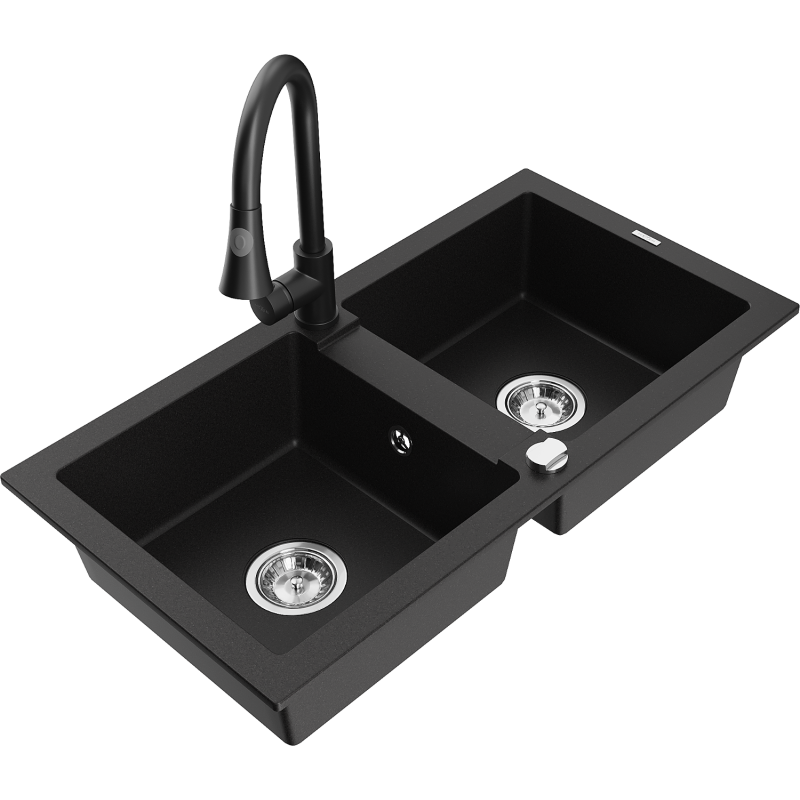 Mexen Mario žulový dřez s 2 komorami s kuchyňskou baterií Elia, černý - 6504-77-670101-70