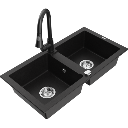 Mexen Mario žulový dřez s 2 komorami s kuchyňskou baterií Elia, černý - 6504-77-670101-70