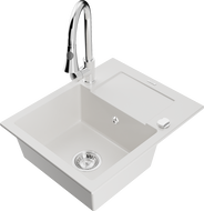 Mexen Enzo granitový dřez 1-komorový s odkapávačem a kuchyňskou baterií Elia, bílý - 6506-20-670101-00