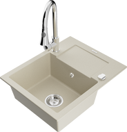 Mexen Enzo granitový dřez 1-komorový s odkapávačem a kuchyňskou baterií Elia, béžový - 6506-69-670101-00